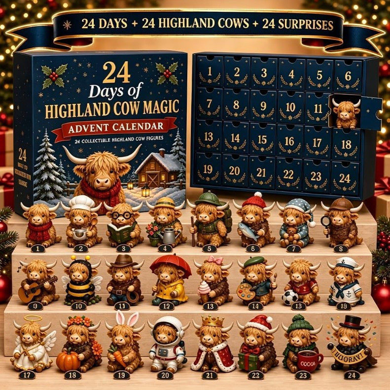 Highland cow advent calendar with 24 collectible cow figures