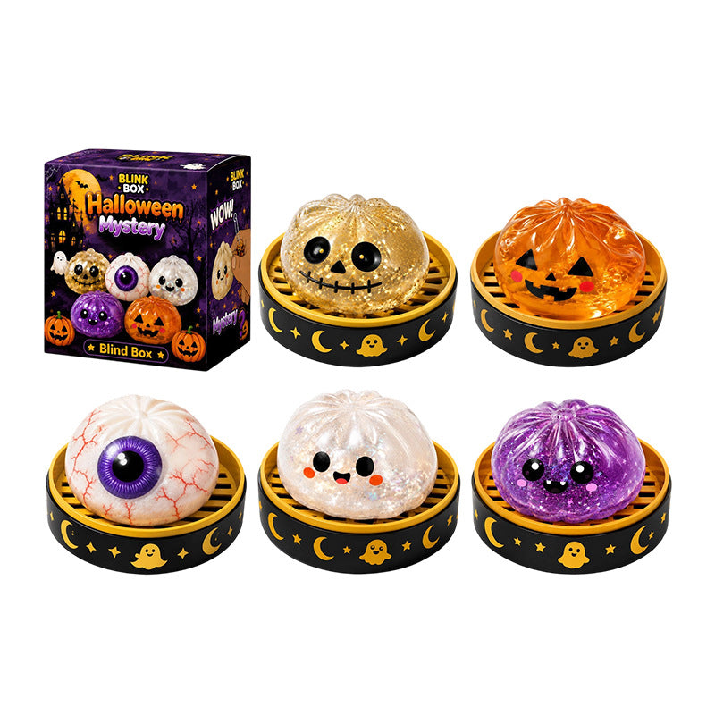 Halloween mystery squishy bun characters in steamer baskets
