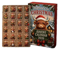 Open highland cow Christmas advent calendar showing mini cows