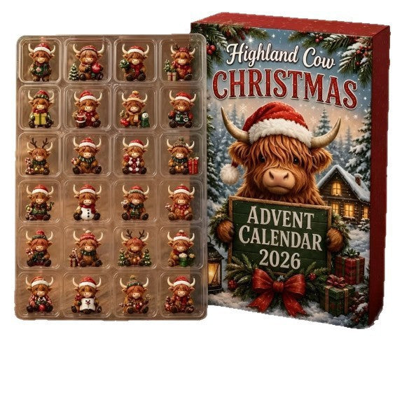 Open highland cow Christmas advent calendar showing mini cows